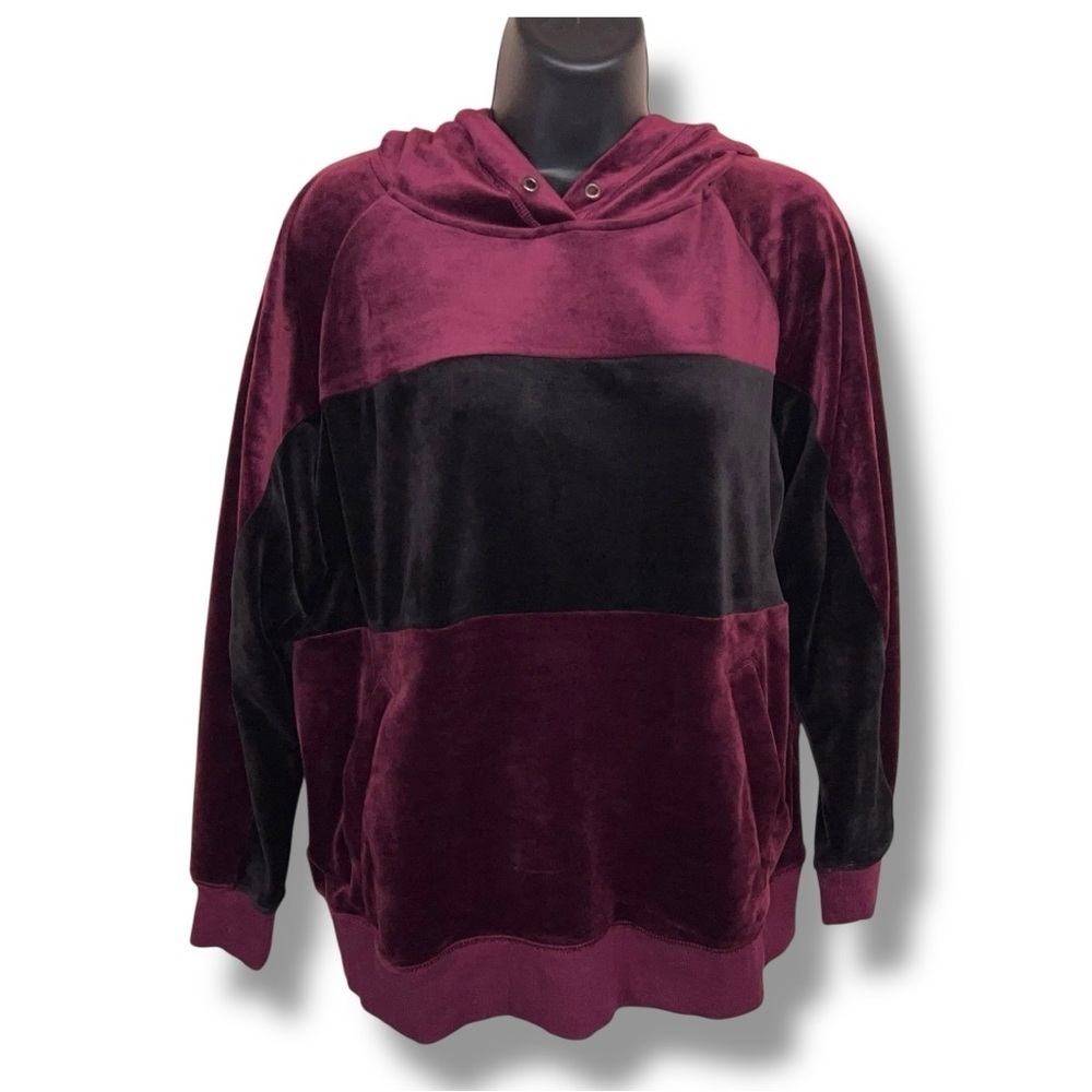 Y2K Champion Medium Velour Hoodie Burgundy Red Purple Black Colorblock Women